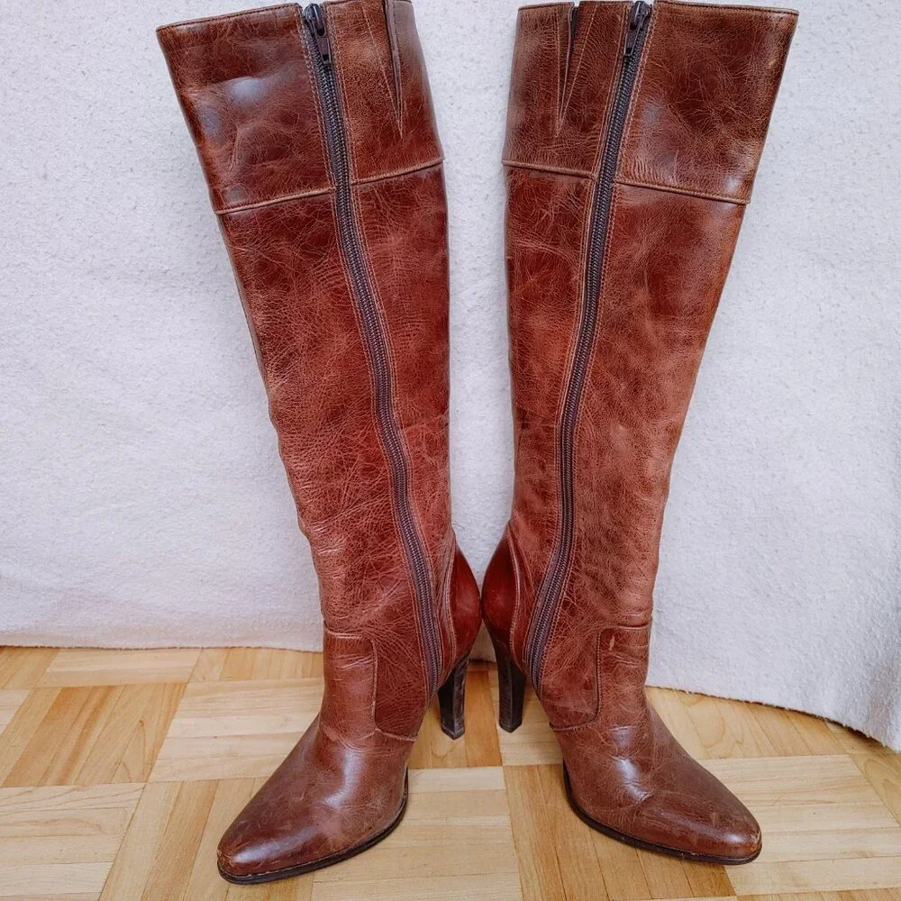 ๐ฏ% real leather Knee High heeled brown Boots - Picture 3 of 16
